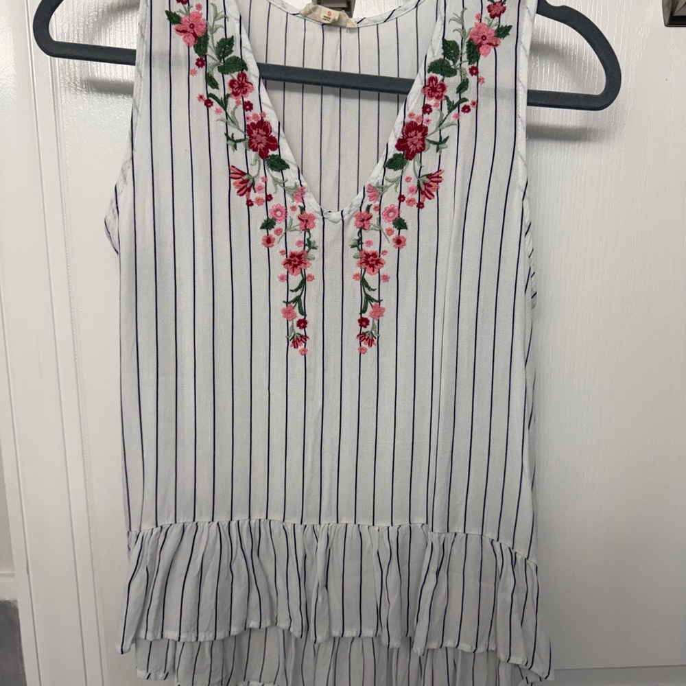 Striped Sleeveless Top with Floral Embroidery